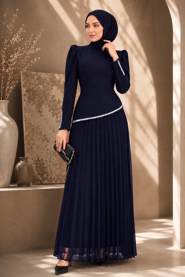 Tesettür giyim LACİVERT TAŞLI PİLİSELİ ABİYE ELBİSE T 5463 - TRENDTESETTÜR