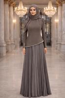 Tesettür giyim VİZON TAŞLI PİLİSELİ ABİYE ELBİSE T 5463