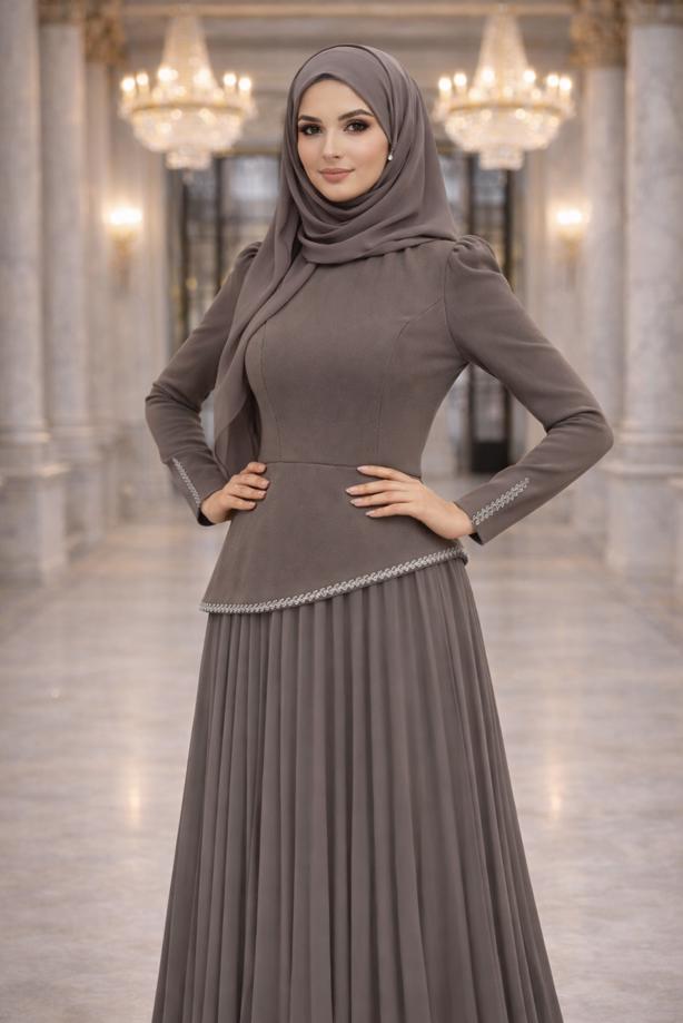 Tesettür giyim VİZON TAŞLI PİLİSELİ ABİYE ELBİSE T 5463 - TRENDTESETTÜR