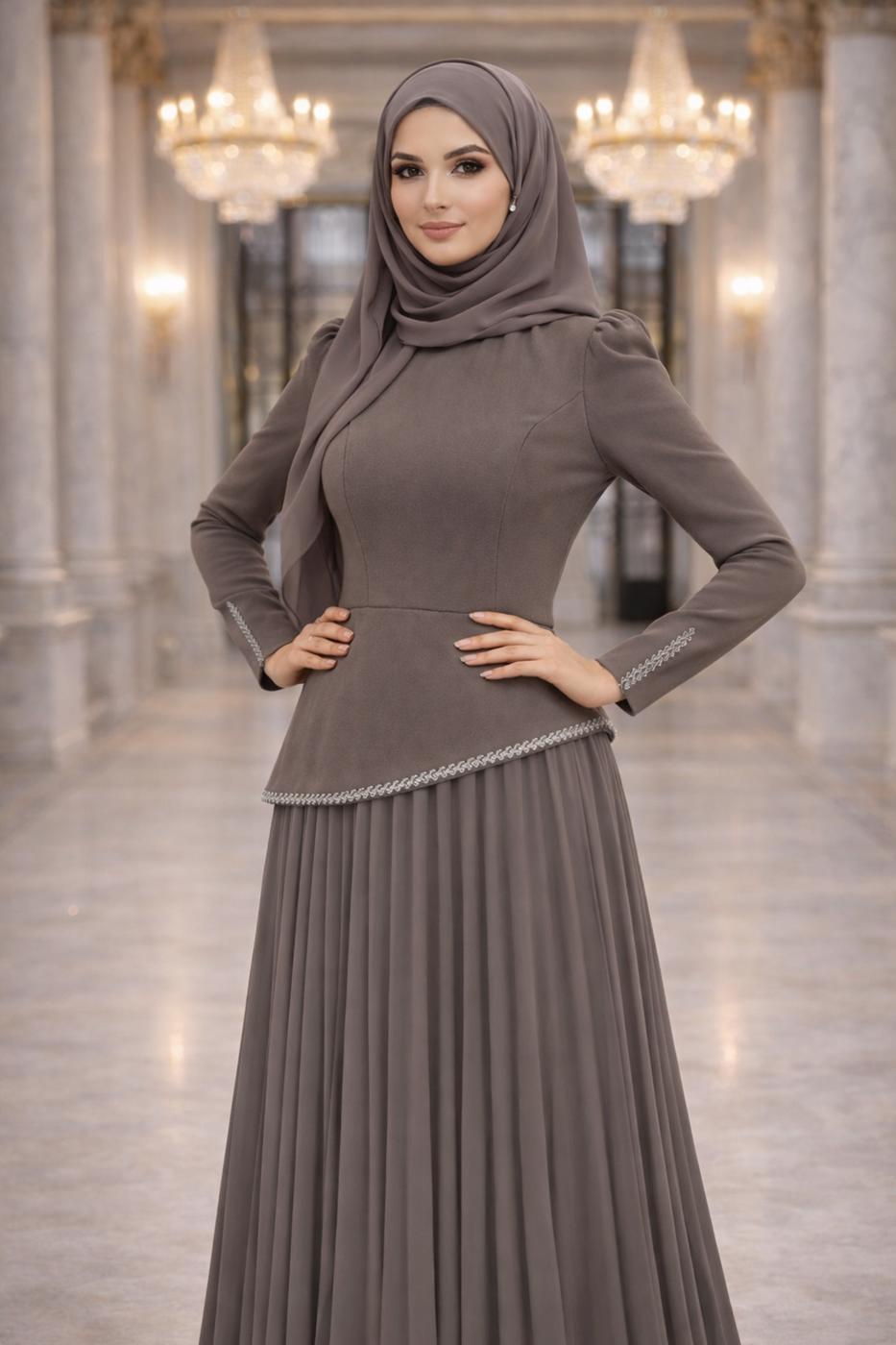 Tesettür giyim VİZON TAŞLI PİLİSELİ ABİYE ELBİSE T 5463