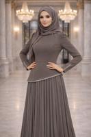 Tesettür giyim VİZON TAŞLI PİLİSELİ ABİYE ELBİSE T 5463