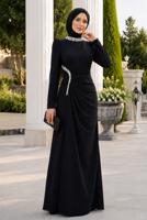 Tesettür giyim SİYAH DRAPE DETAYLI ABİYE ELBİSE T 5563