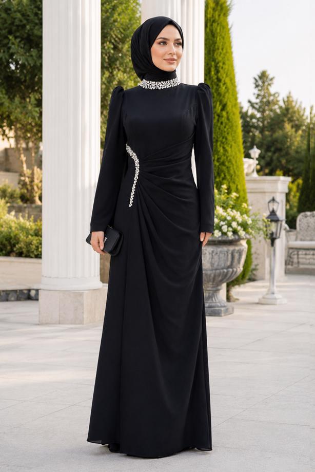 Tesettür giyim SİYAH DRAPE DETAYLI ABİYE ELBİSE T 5563 - TRENDTESETTÜR