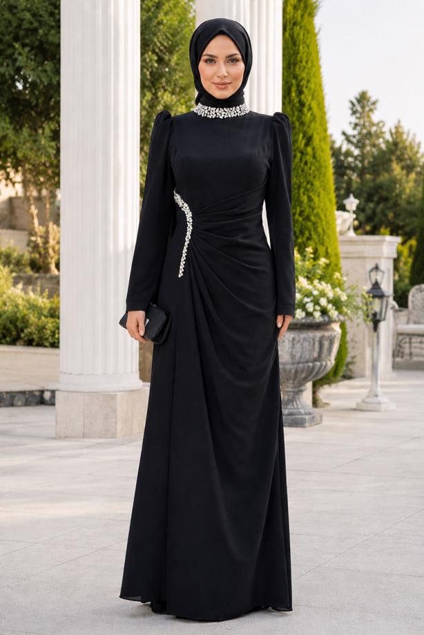 Tesettür giyim SİYAH DRAPE DETAYLI ABİYE ELBİSE T 5563 - TRENDTESETTÜR