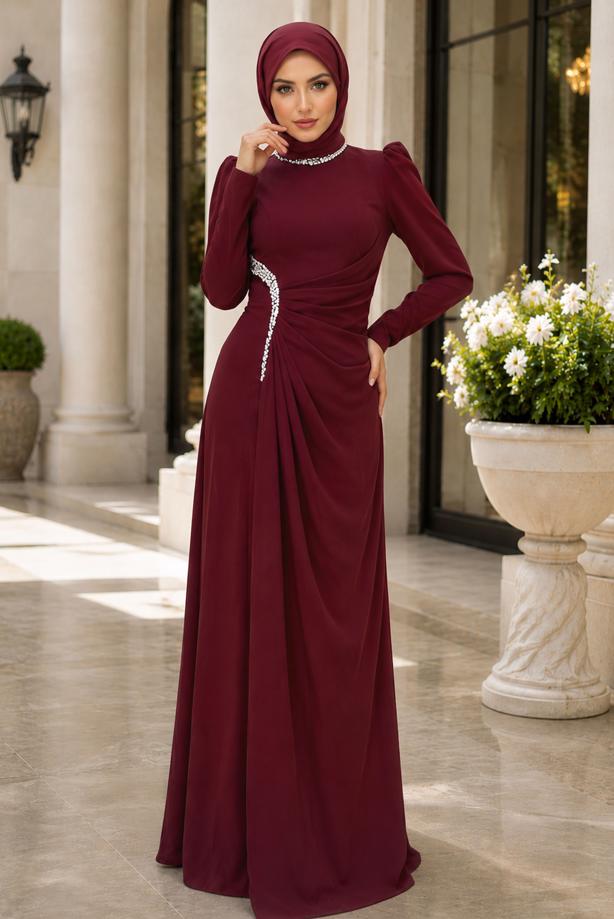 Tesettür giyim BORDO DRAPE DETAYLI ABİYE ELBİSE T 5563 - TRENDTESETTÜR