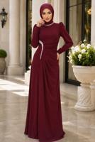 Tesettür giyim BORDO DRAPE DETAYLI ABİYE ELBİSE T 5563