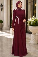Tesettür giyim BORDO DRAPE DETAYLI ABİYE ELBİSE T 5563