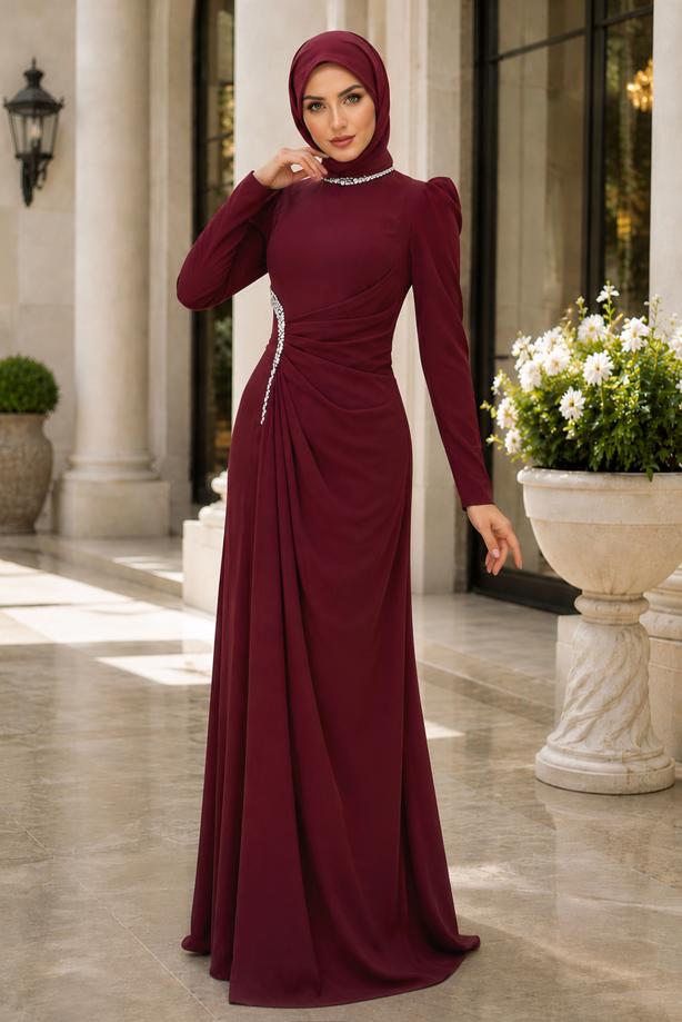 Tesettür giyim BORDO DRAPE DETAYLI ABİYE ELBİSE T 5563 - TRENDTESETTÜR
