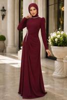 Tesettür giyim BORDO DRAPE DETAYLI ABİYE ELBİSE T 5563