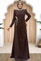 Tesettür giyim KAHVE DRAPE DETAYLI ABİYE ELBİSE T 5563