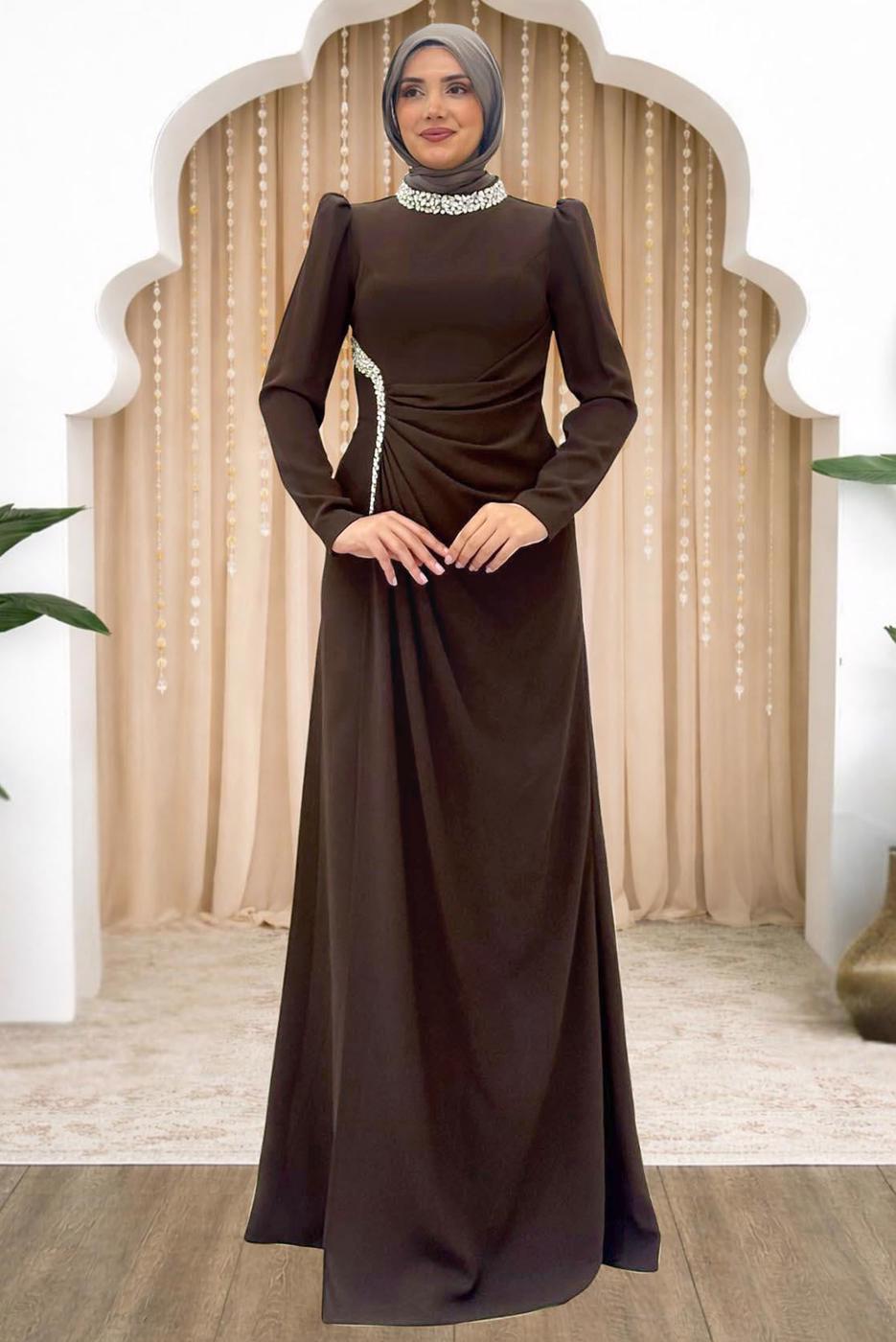 Tesettür giyim KAHVE DRAPE DETAYLI ABİYE ELBİSE T 5563