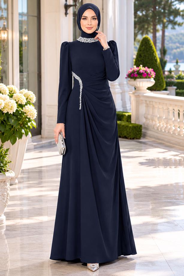 Tesettür giyim LACİVERT DRAPE DETAYLI ABİYE ELBİSE T 5563 - TRENDTESETTÜR