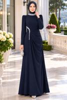 Tesettür giyim LACİVERT DRAPE DETAYLI ABİYE ELBİSE T 5563