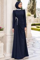 Tesettür giyim LACİVERT DRAPE DETAYLI ABİYE ELBİSE T 5563