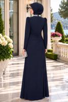 Tesettür giyim LACİVERT DRAPE DETAYLI ABİYE ELBİSE T 5563