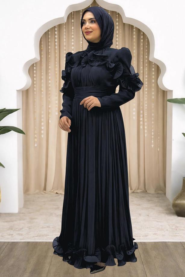 Hijab clothing BLACK FRILL DETAILED EVENING DRESS T 5663 - TRENDTESETTÜR