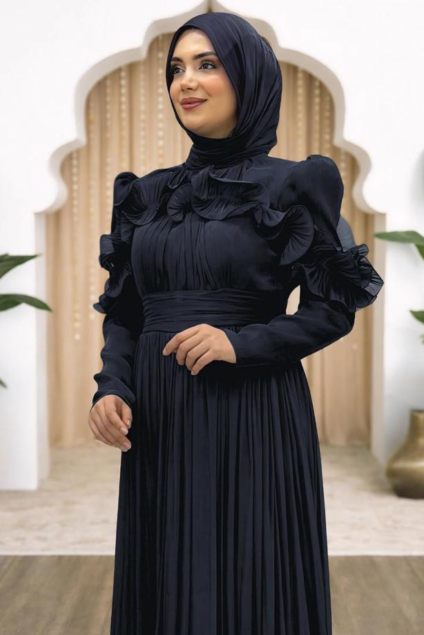 Hijab clothing BLACK FRILL DETAILED EVENING DRESS T 5663 - TRENDTESETTÜR