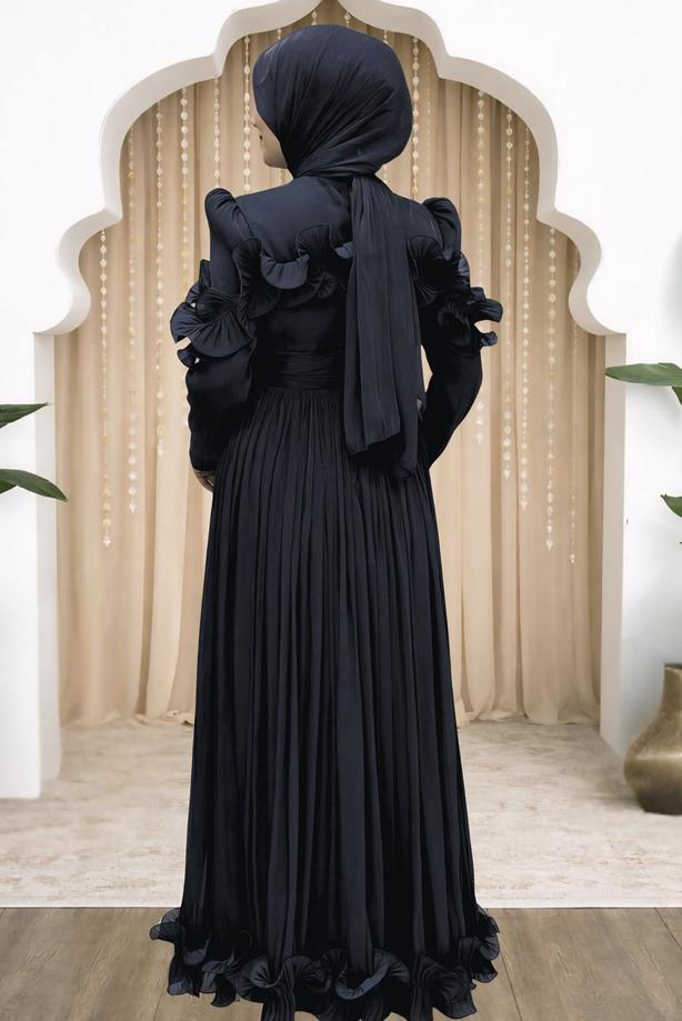 Hijab clothing BLACK FRILL DETAILED EVENING DRESS T 5663 - TRENDTESETTÜR