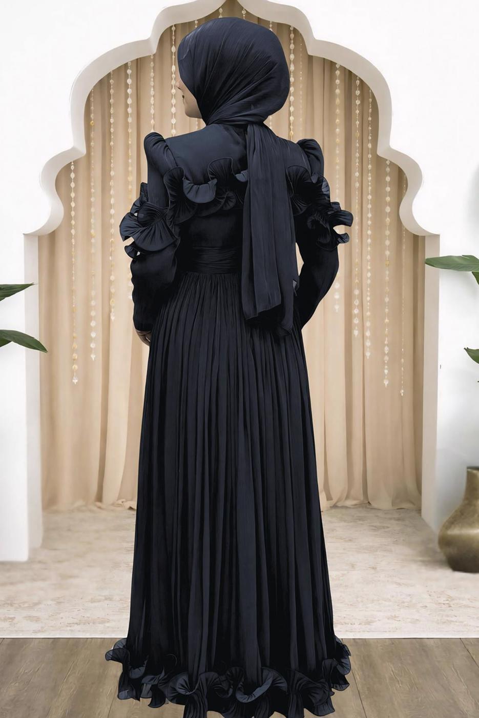 Hijab clothing BLACK FRILL DETAILED EVENING DRESS T 5663
