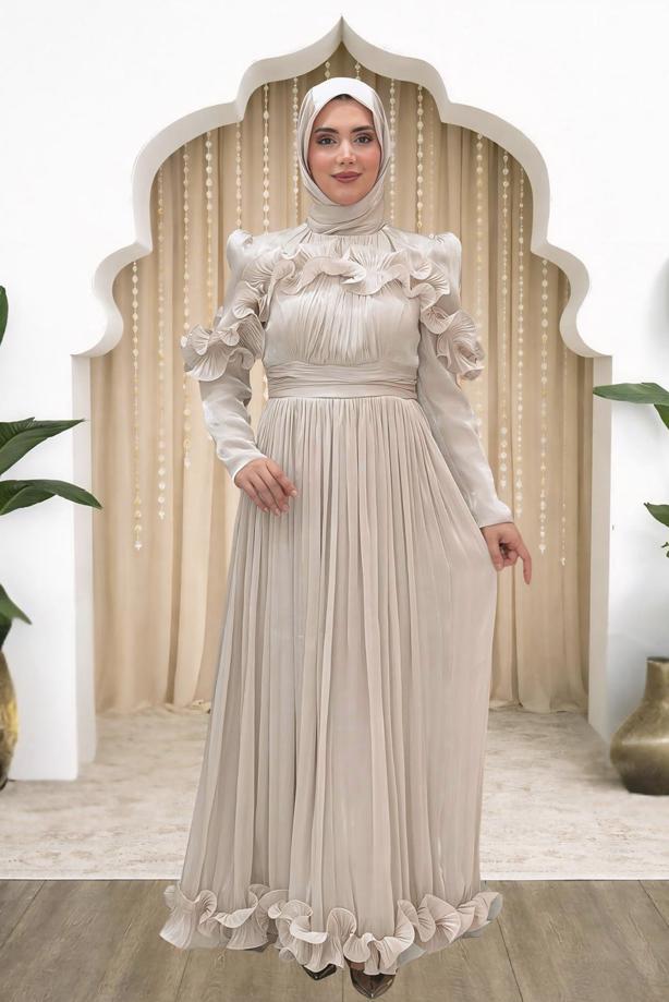 Hijab clothing BEIGE FRILL DETAILED EVENING DRESS T 5663 - TRENDTESETTÜR
