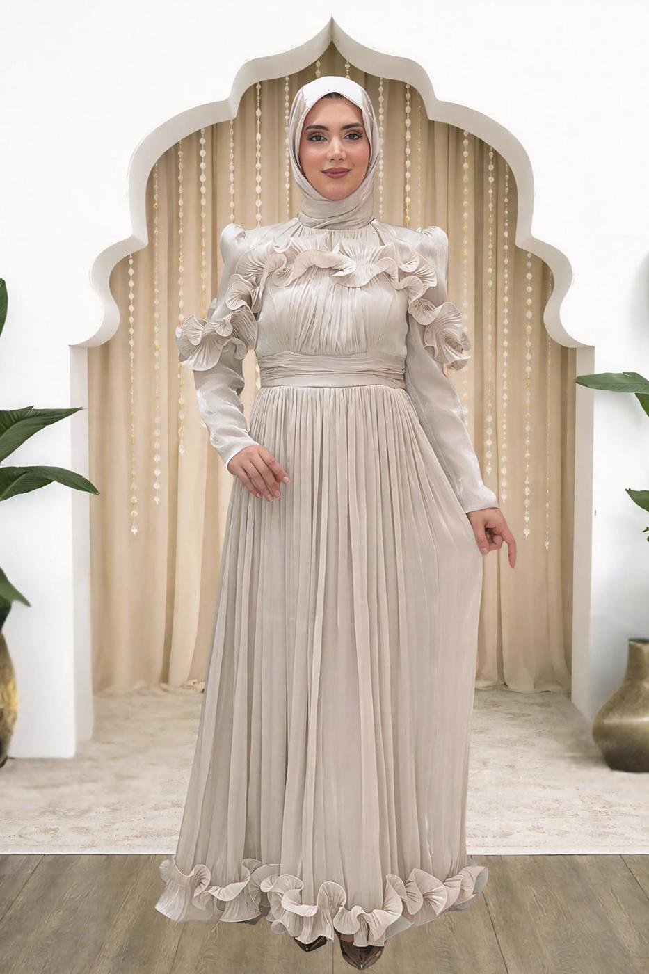 Hijab clothing BEIGE FRILL DETAILED EVENING DRESS T 5663