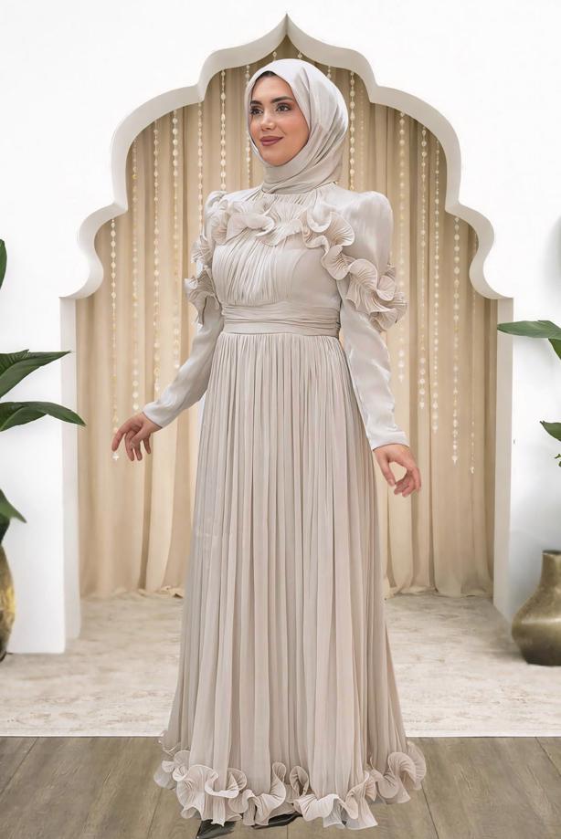 Hijab clothing BEIGE FRILL DETAILED EVENING DRESS T 5663 - TRENDTESETTÜR
