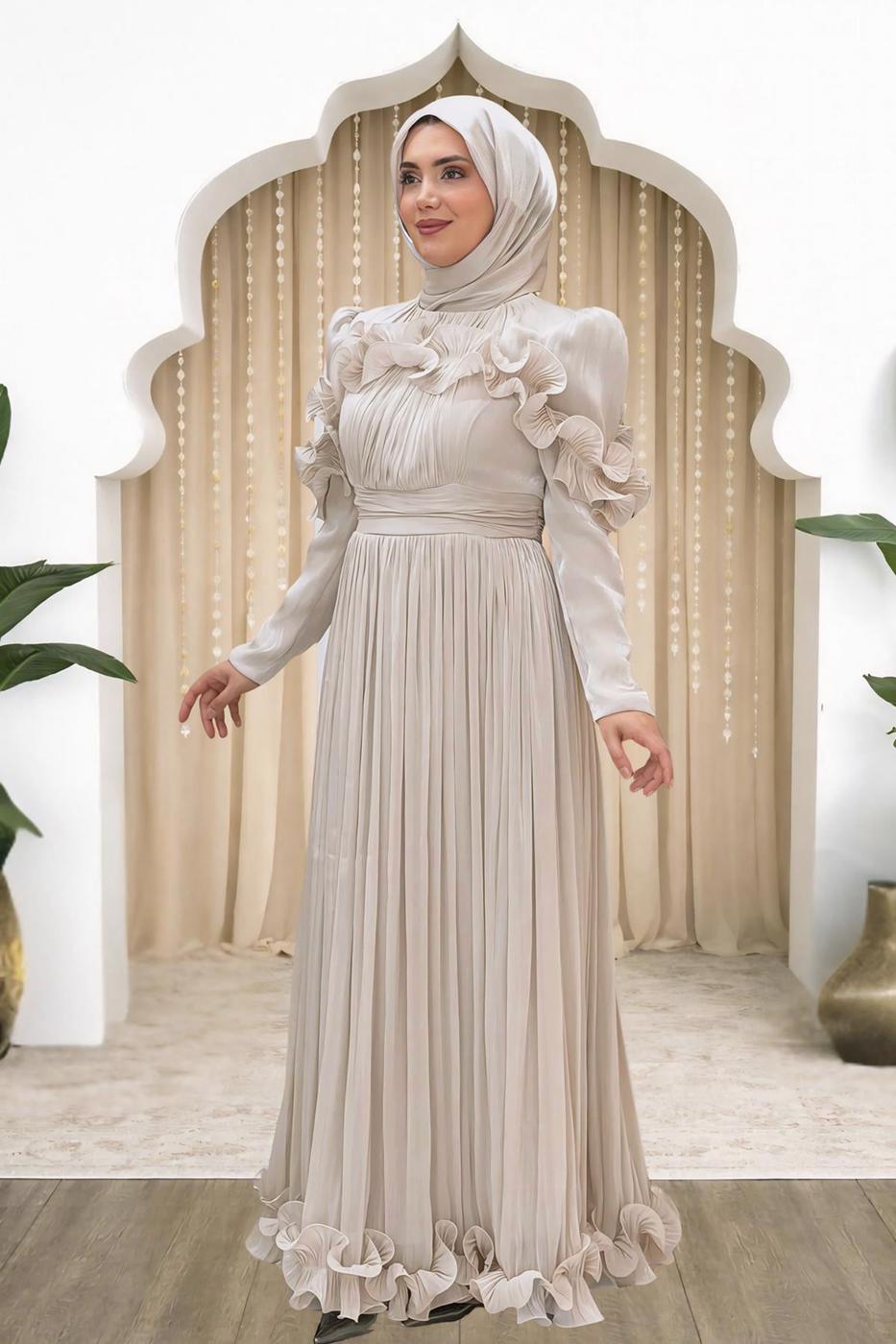 Hijab clothing BEIGE FRILL DETAILED EVENING DRESS T 5663