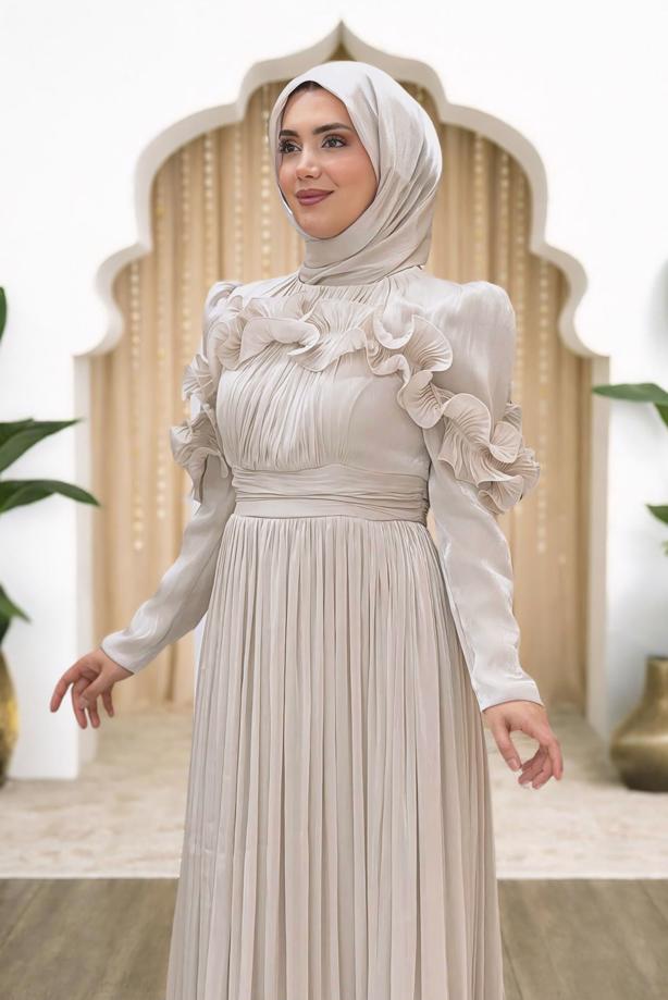 Hijab clothing BEIGE FRILL DETAILED EVENING DRESS T 5663 - TRENDTESETTÜR