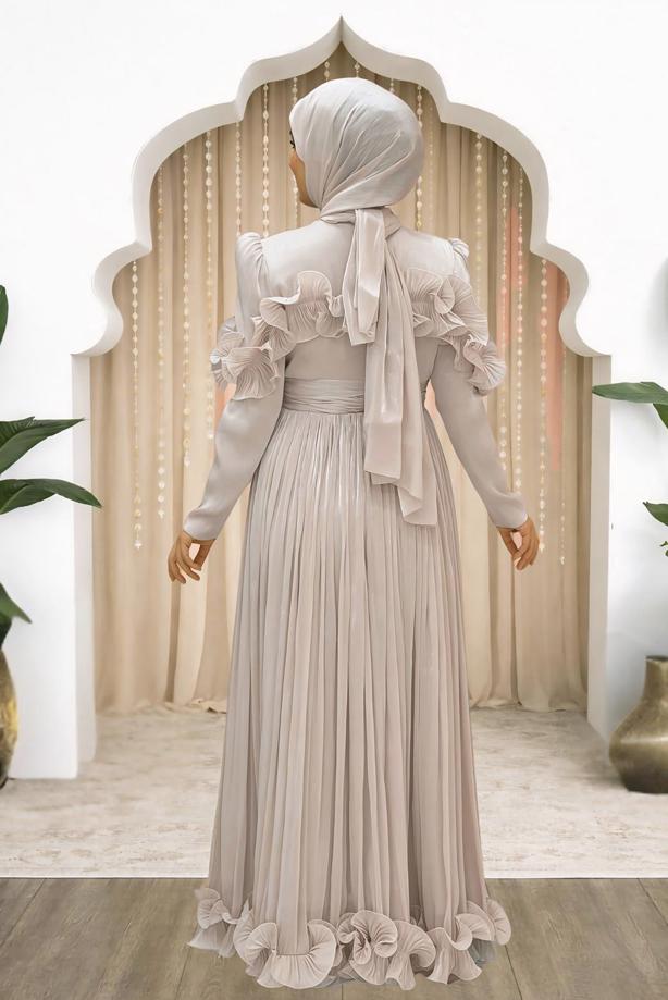 Hijab clothing BEIGE FRILL DETAILED EVENING DRESS T 5663 - TRENDTESETTÜR