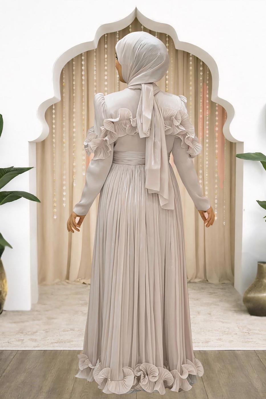 Hijab clothing BEIGE FRILL DETAILED EVENING DRESS T 5663