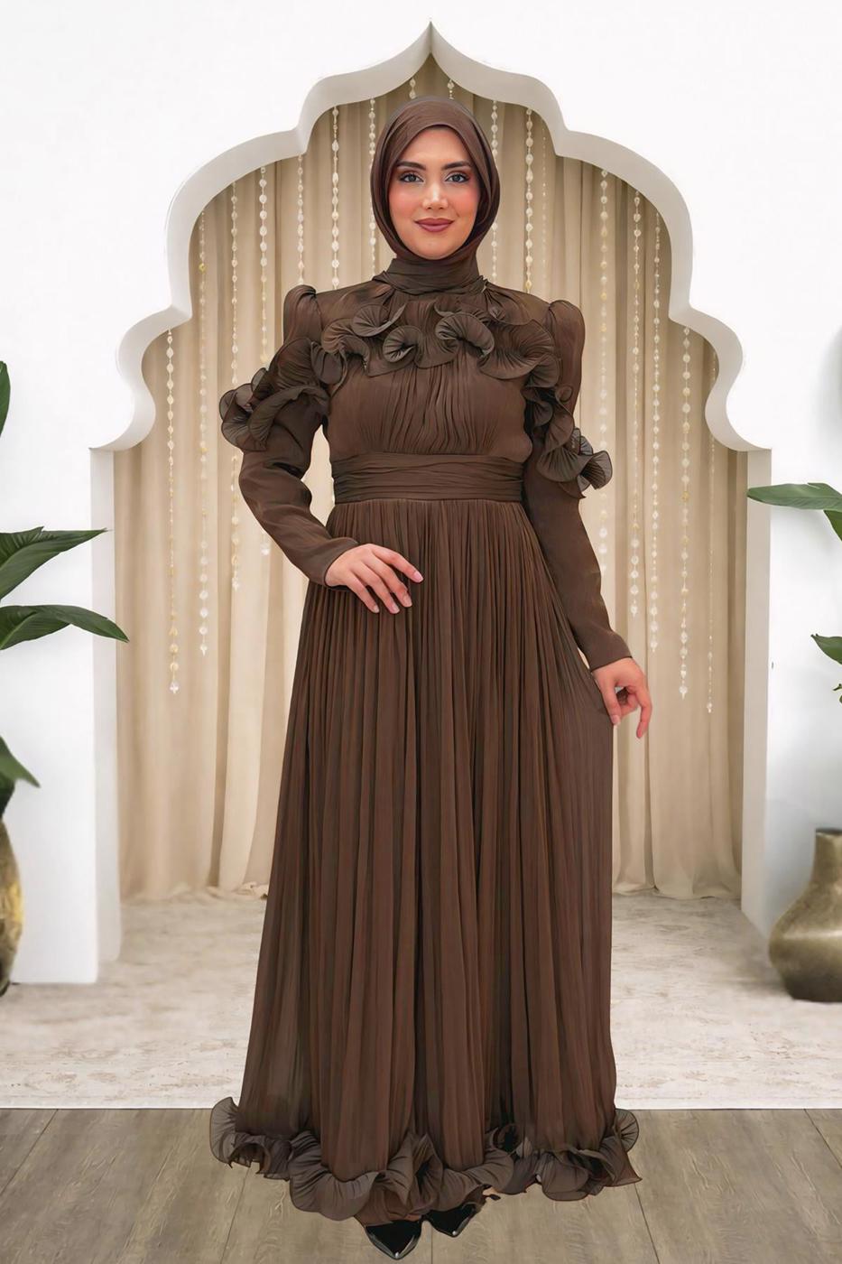 Hijab clothing BROWN FRILL DETAILED EVENING DRESS T 5663