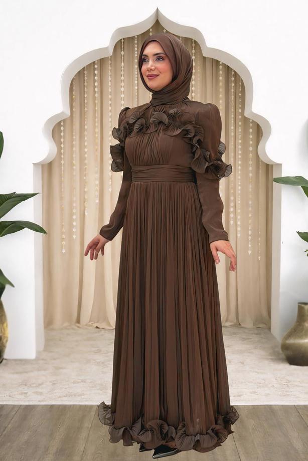 Hijab clothing BROWN FRILL DETAILED EVENING DRESS T 5663 - TRENDTESETTÜR