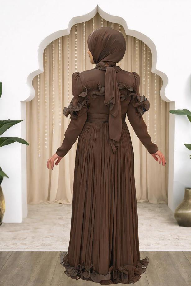 Hijab clothing BROWN FRILL DETAILED EVENING DRESS T 5663 - TRENDTESETTÜR