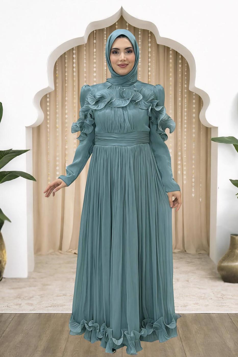 Hijab clothing BLUE FRILL DETAILED EVENING DRESS T 5663