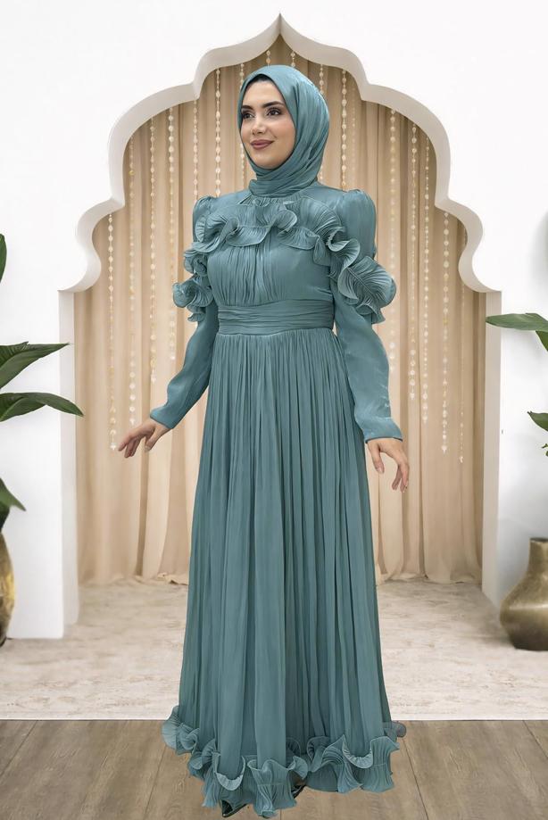 Hijab clothing BLUE FRILL DETAILED EVENING DRESS T 5663 - TRENDTESETTÜR