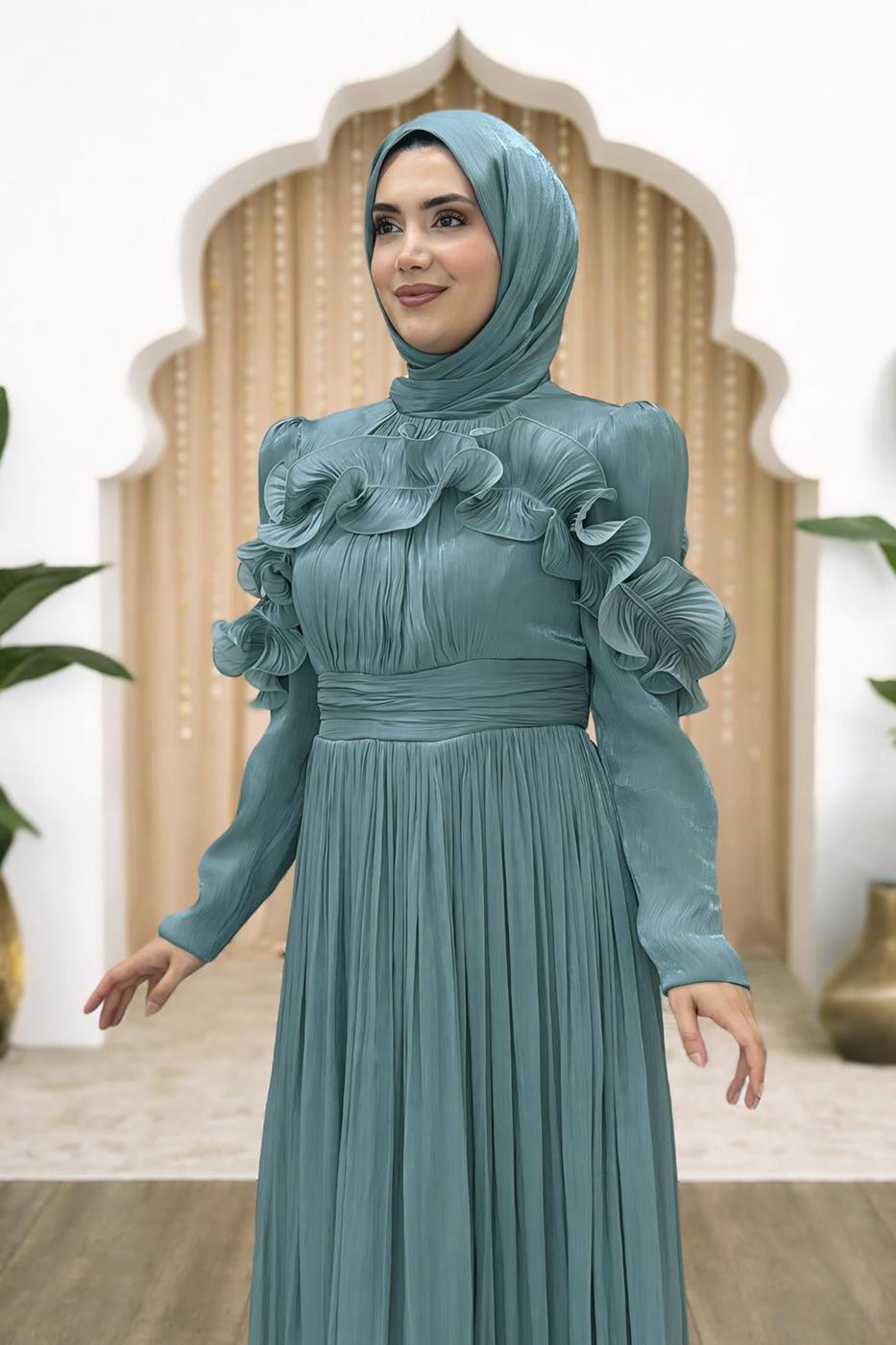 Hijab clothing BLUE FRILL DETAILED EVENING DRESS T 5663