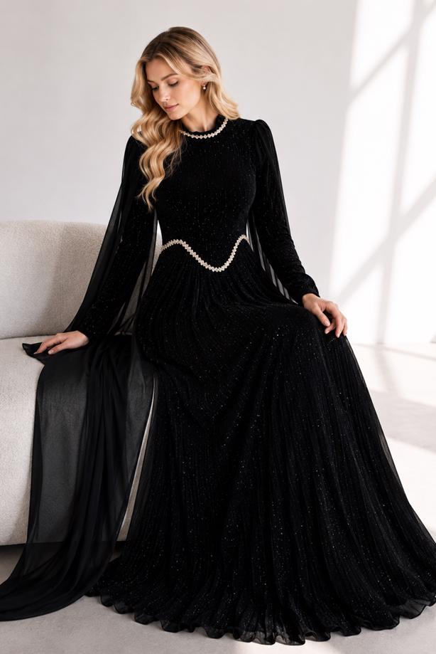 Tesettür giyim SİYAH ŞİFON PELERİNLİ ABİYE ELBİSE T 5684 - TRENDTESETTÜR