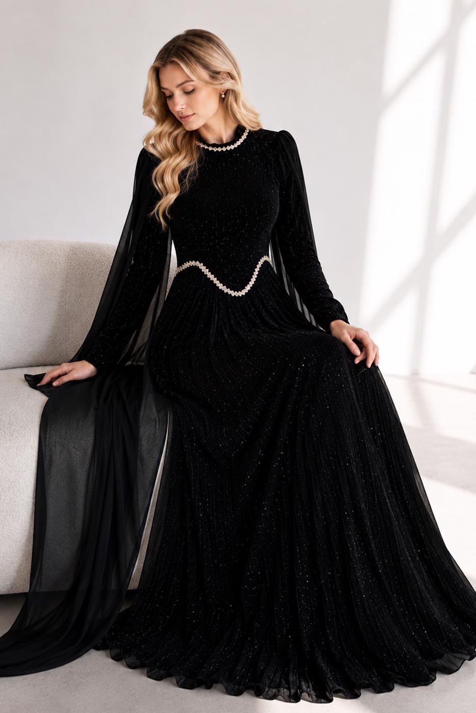 Tesettür giyim SİYAH ŞİFON PELERİNLİ ABİYE ELBİSE T 5684