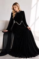 Tesettür giyim SİYAH ŞİFON PELERİNLİ ABİYE ELBİSE T 5684