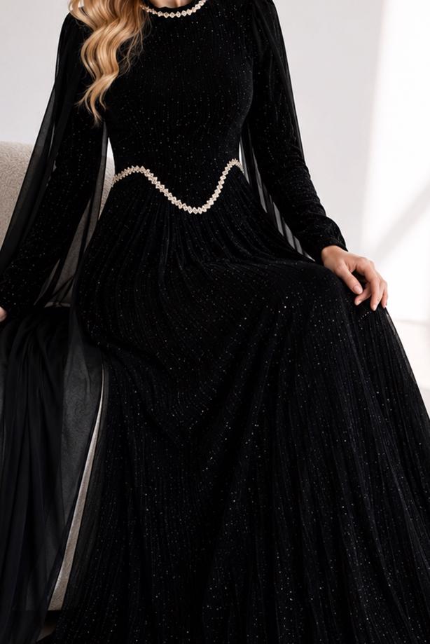 Tesettür giyim SİYAH ŞİFON PELERİNLİ ABİYE ELBİSE T 5684 - TRENDTESETTÜR