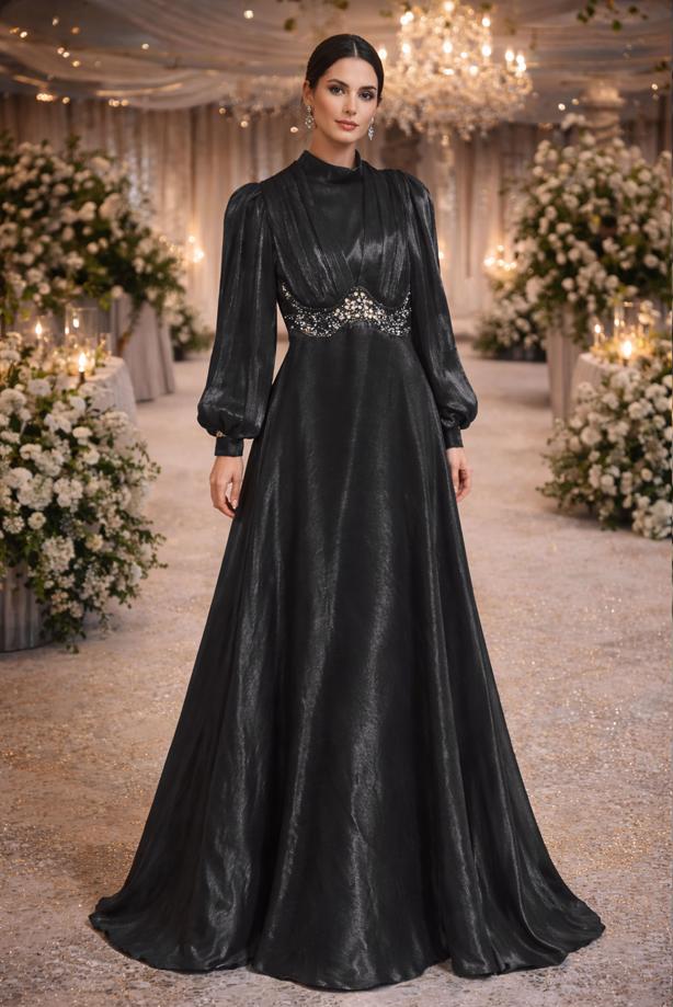 Tesettür giyim SİYAH T 5926 BSL ABİYE ELBİSE - TRENDTESETTÜR