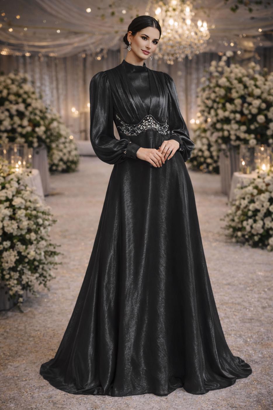 Tesettür giyim SİYAH T 5926 BSL ABİYE ELBİSE