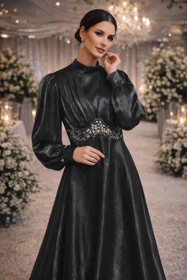 Tesettür giyim SİYAH T 5926 BSL ABİYE ELBİSE - TRENDTESETTÜR