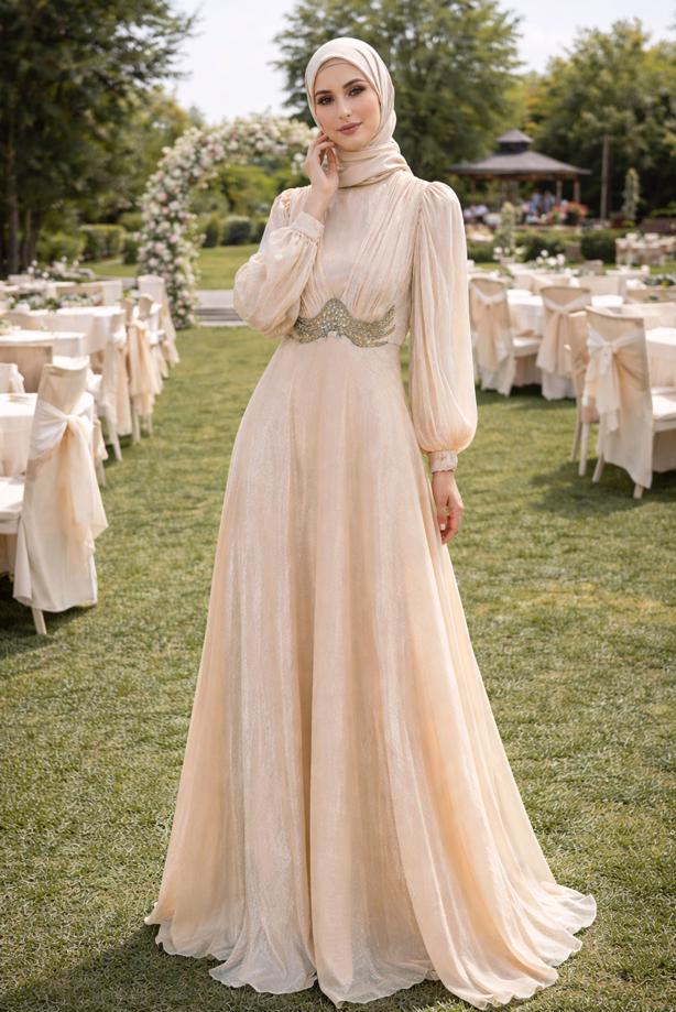 Tesettür giyim BEJ T 5926 BSL ABİYE ELBİSE - TRENDTESETTÜR