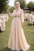 Tesettür giyim BEJ T 5926 BSL ABİYE ELBİSE