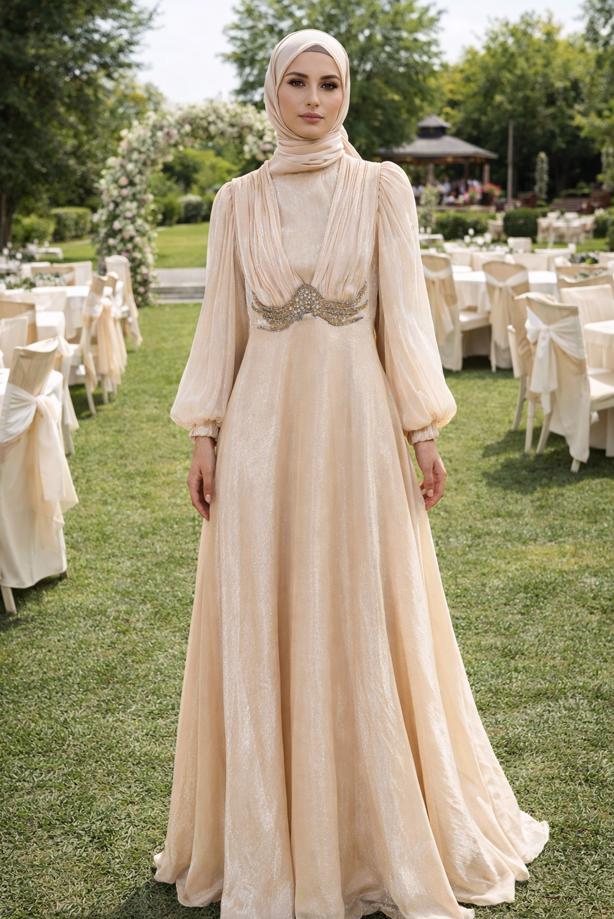 Tesettür giyim BEJ T 5926 BSL ABİYE ELBİSE - TRENDTESETTÜR