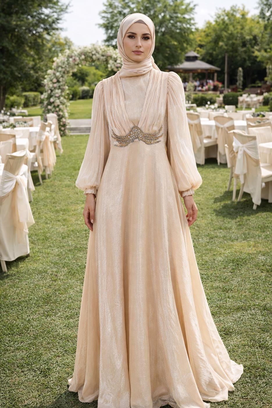Tesettür giyim BEJ T 5926 BSL ABİYE ELBİSE