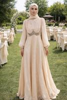 Tesettür giyim BEJ T 5926 BSL ABİYE ELBİSE