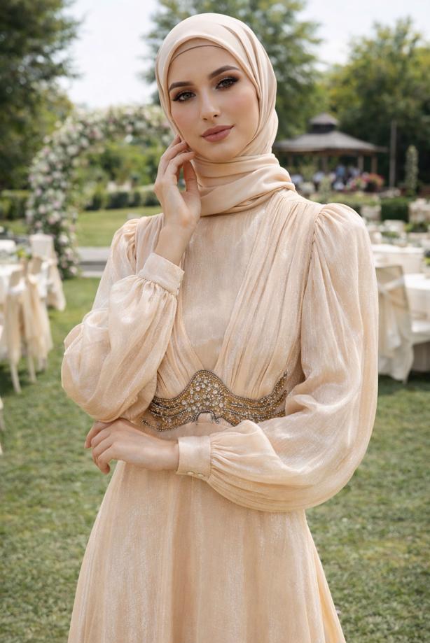 Tesettür giyim BEJ T 5926 BSL ABİYE ELBİSE - TRENDTESETTÜR