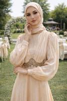 Tesettür giyim BEJ T 5926 BSL ABİYE ELBİSE